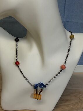 Hand Crafted Multicolor Bead Chain Necklace with Blue Glass Pendant